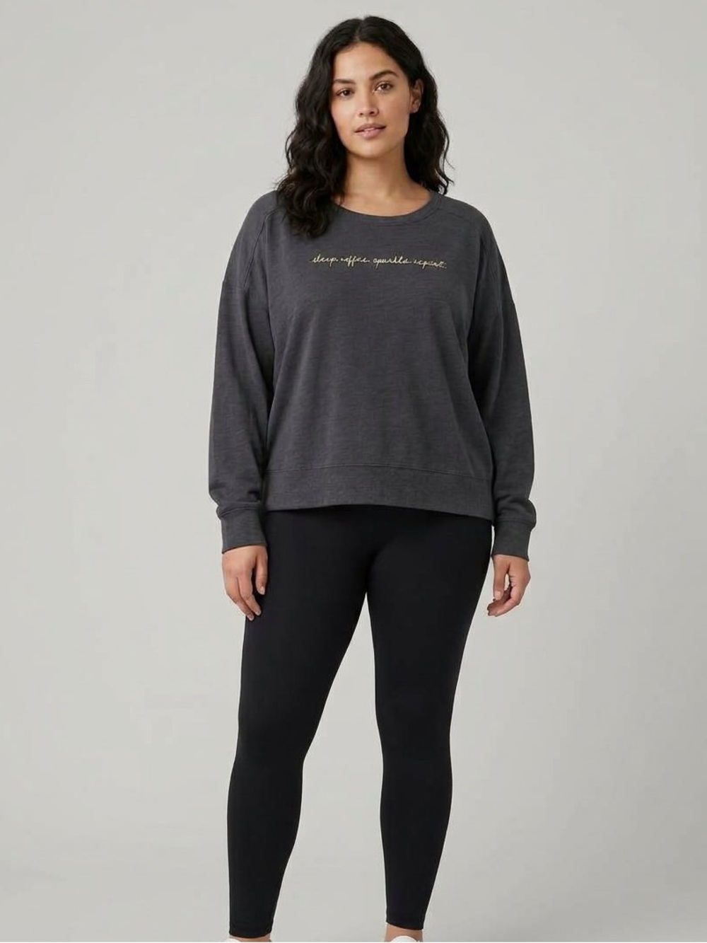 Sleep, Coffee, Sparkle, Repeat Charcoal Longsleeve T with Gold Script - Size XL